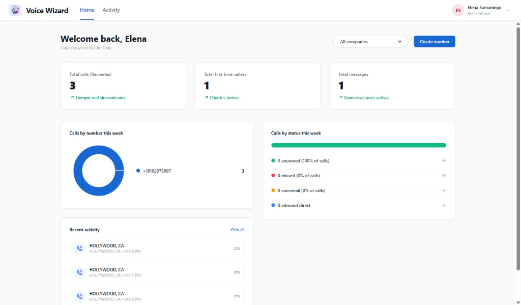 Voice Wizard Real Dashboard Overview