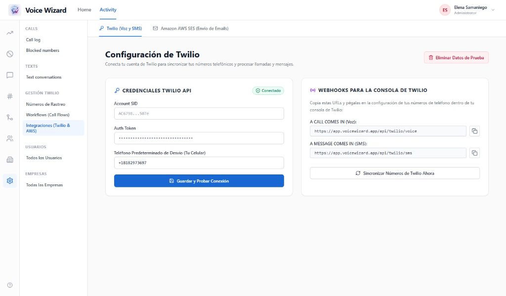 Twilio API credentials and webhook integration